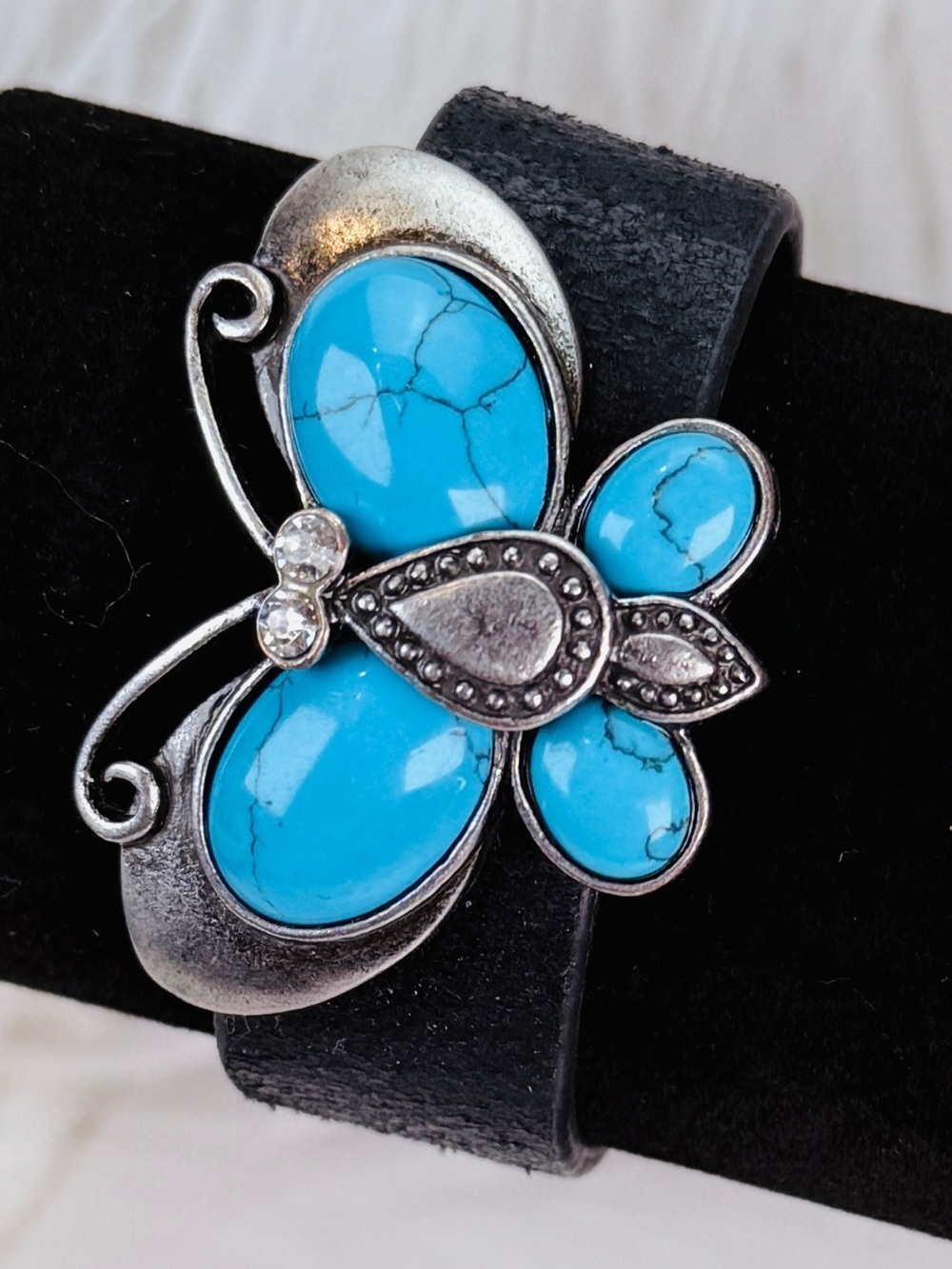 Beautiful BoHo hippie chic butterfly, black leather adjustable bracelet